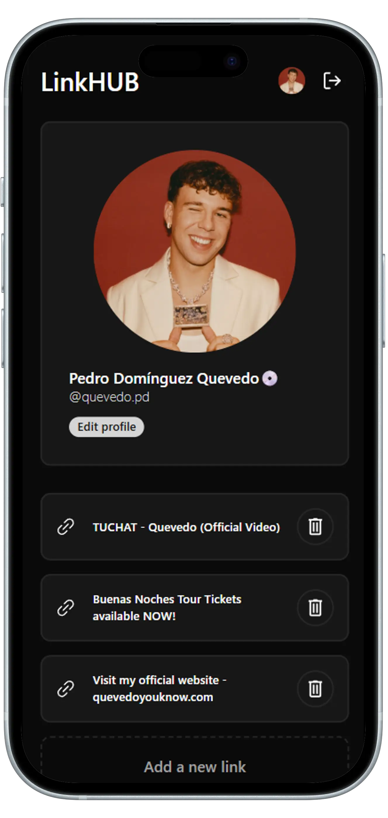 A phone displaying a LinkHUB profile
